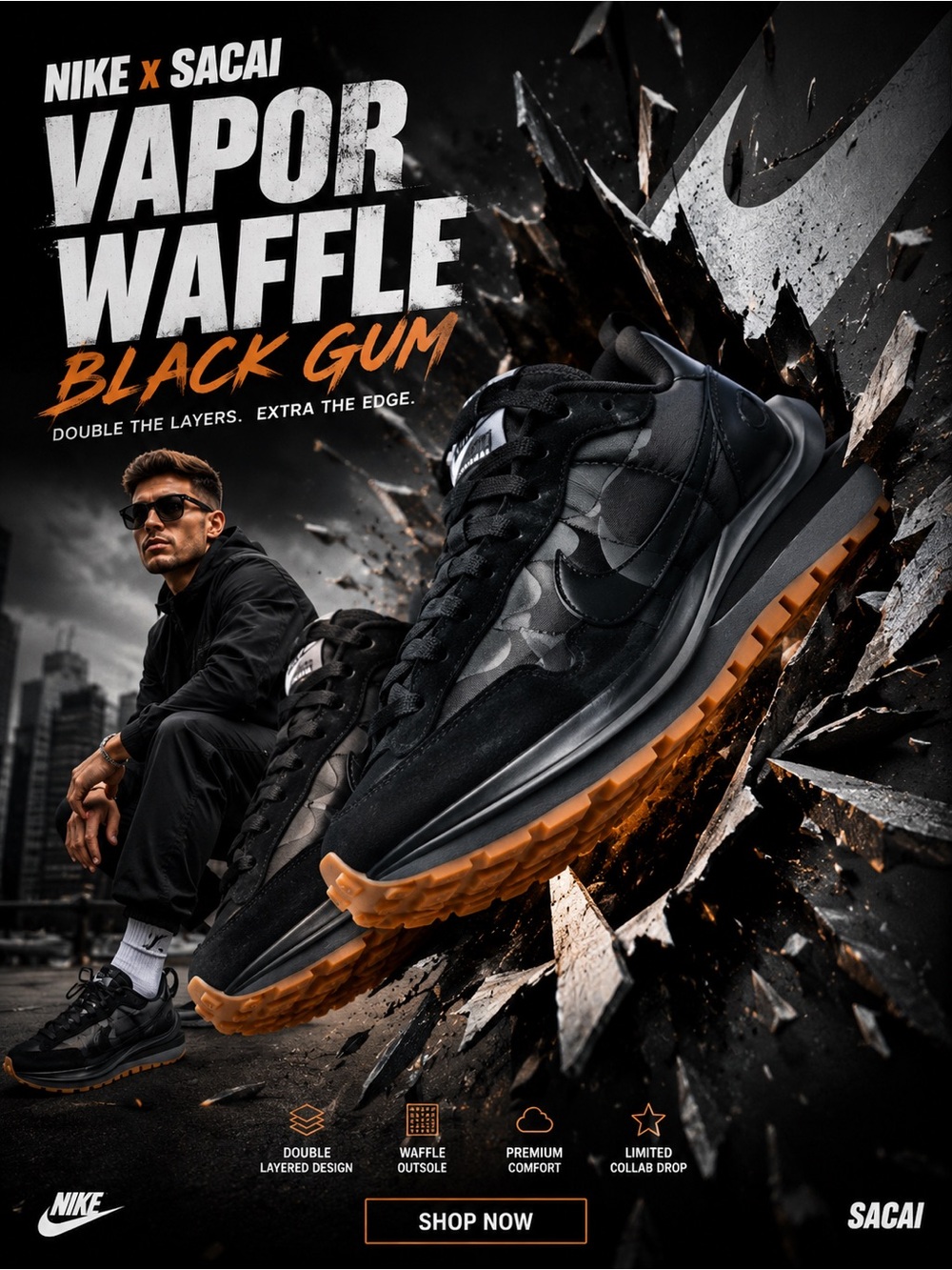 New! Nike x sacai VaporWaffle 'Black Gum'